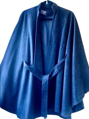 Vintage August Custom Tailors Hong Kong Black Cashmere Blend Silk Lined Cape OS